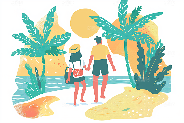 扁平风旅游彩色旅行插画