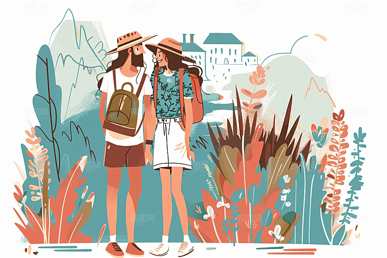 扁平风旅游彩色户外插画