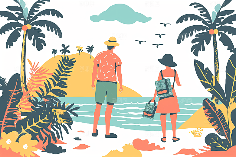 扁平风旅游自由行清新插画