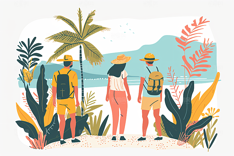 扁平风旅游徒步氛围感插画