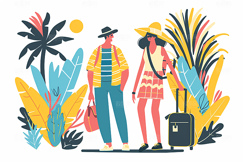 扁平风旅游徒步氛围感插画