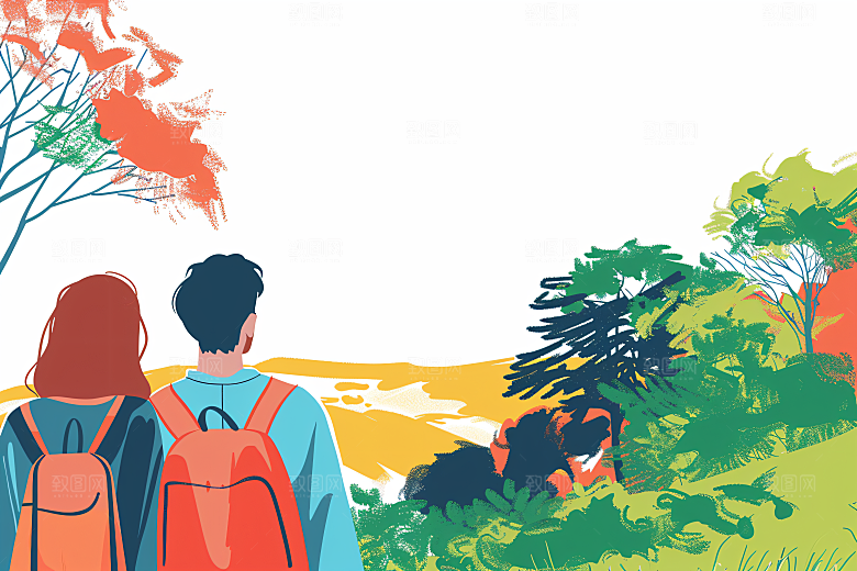 扁平风旅游清新手绘插画