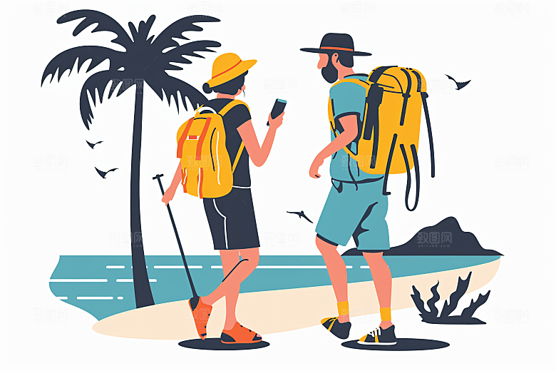 扁平风旅游自由行户外插画