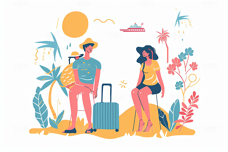 扁平风旅游清新氛围感插画