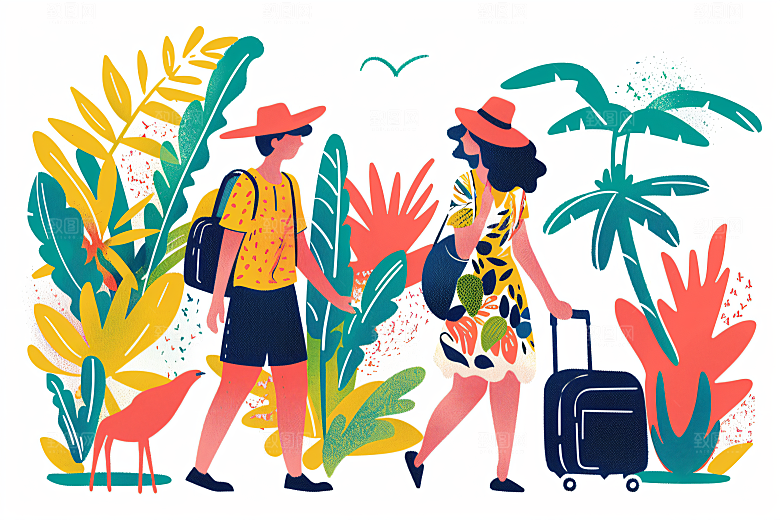扁平风旅游氛围感旅行插画