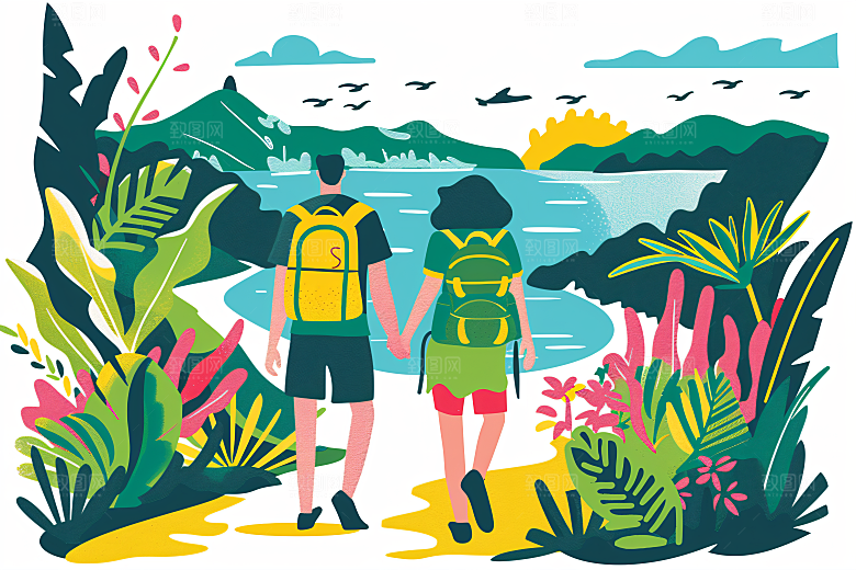 扁平风旅游山野彩色插画