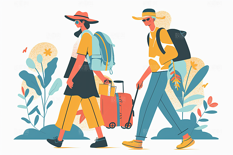 扁平风旅游自由行自然插画