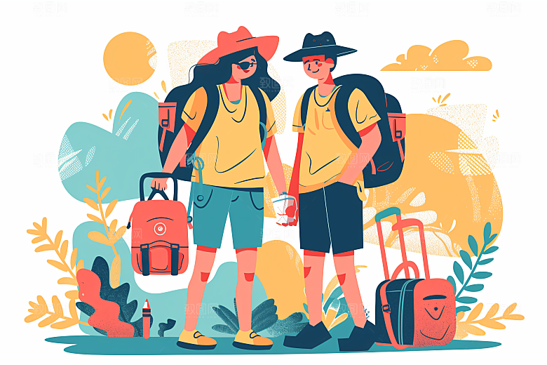扁平风旅游彩色踏青插画