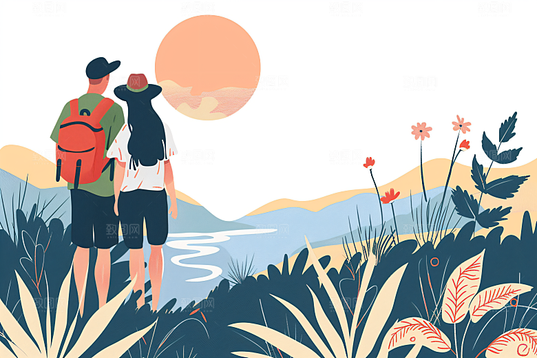 扁平风旅游氛围感山野插画