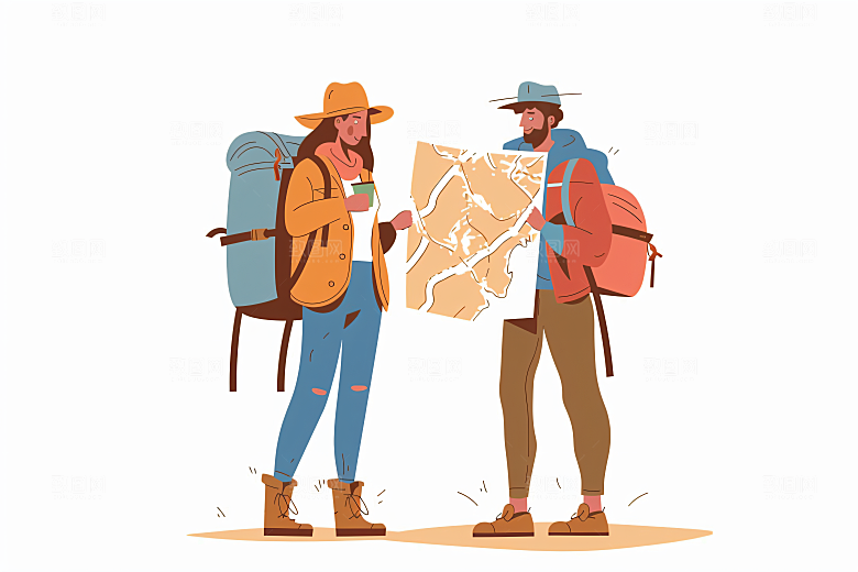 扁平风旅游山野徒步插画