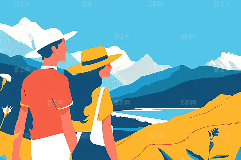 扁平风旅游露营彩色插画
