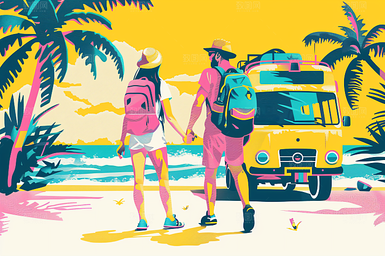 扁平风旅游手绘氛围感插画