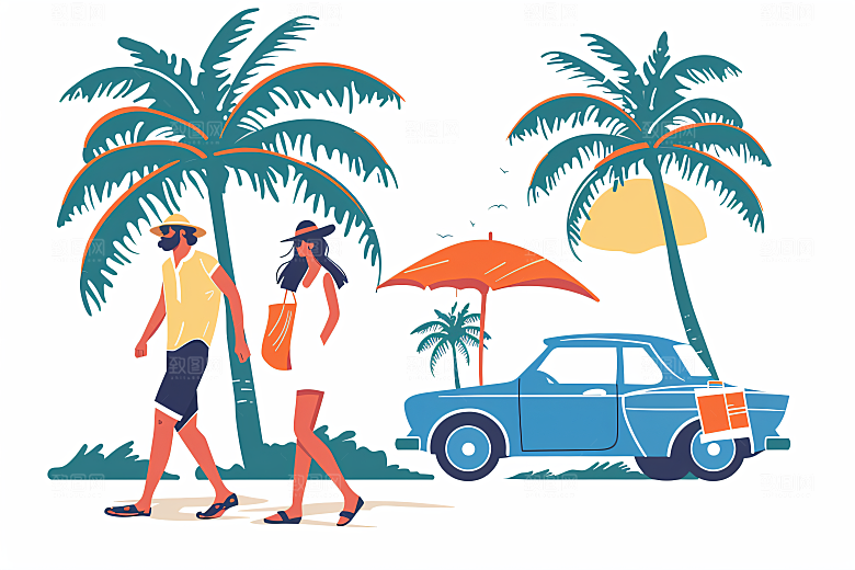 扁平风旅游简约自由行插画