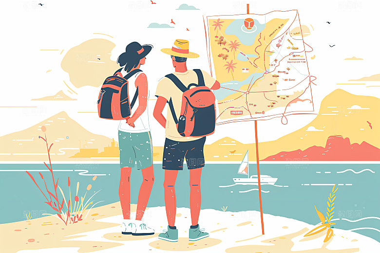 扁平风旅游彩色手绘插画