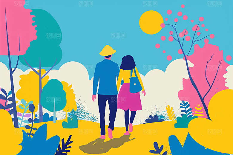 扁平风旅游山野简约插画