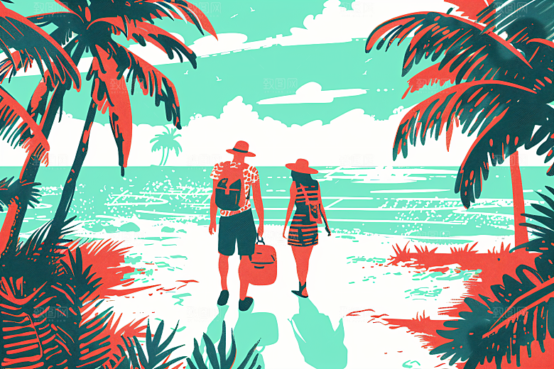 扁平风旅游徒步手绘插画