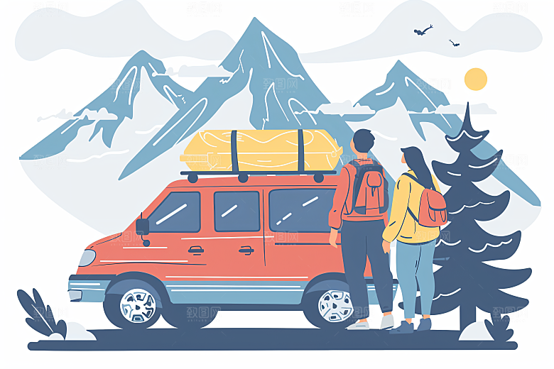 扁平风旅游徒步氛围感插画