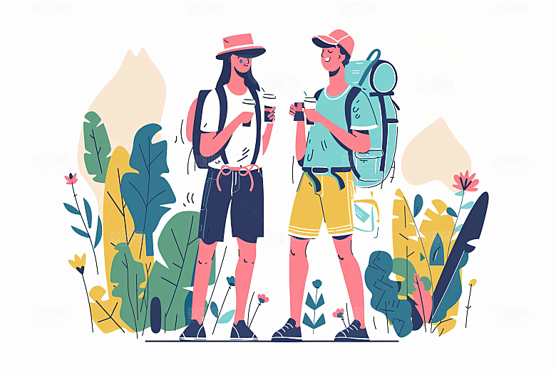扁平风旅游清新自由行插画