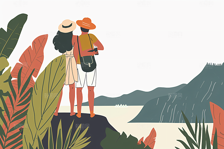 扁平风旅游彩色自由行插画