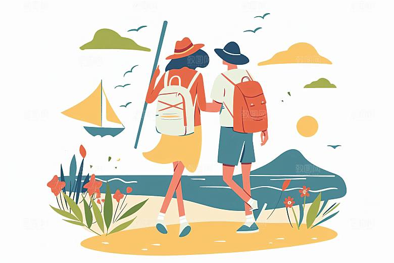 扁平风旅游露营徒步插画