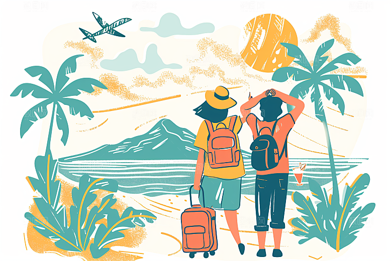 扁平风旅游彩色踏青插画