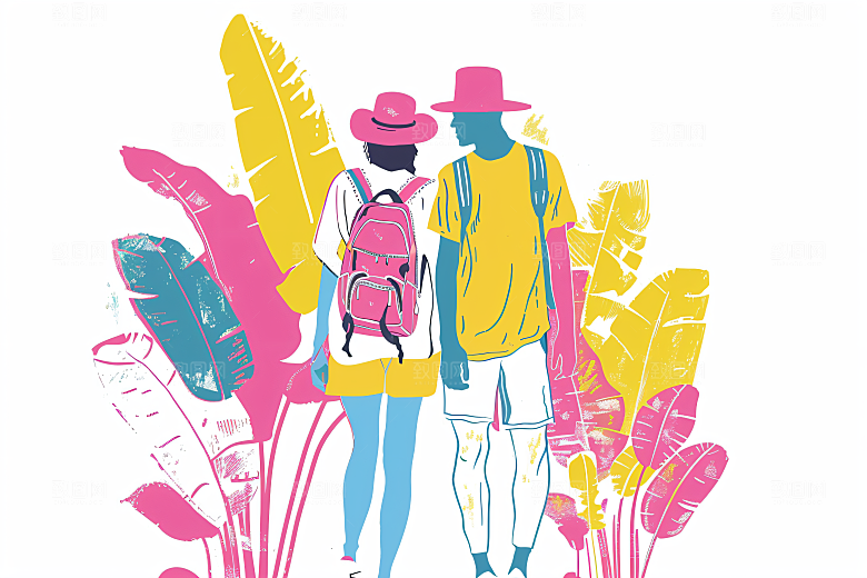 扁平风旅游自由行休闲插画
