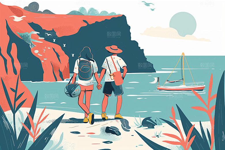 扁平风旅游自然山野插画