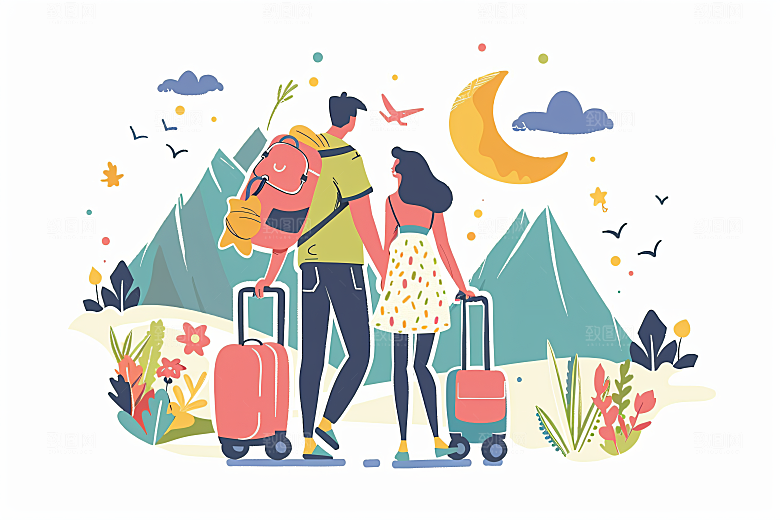 扁平风旅游氛围感踏青插画