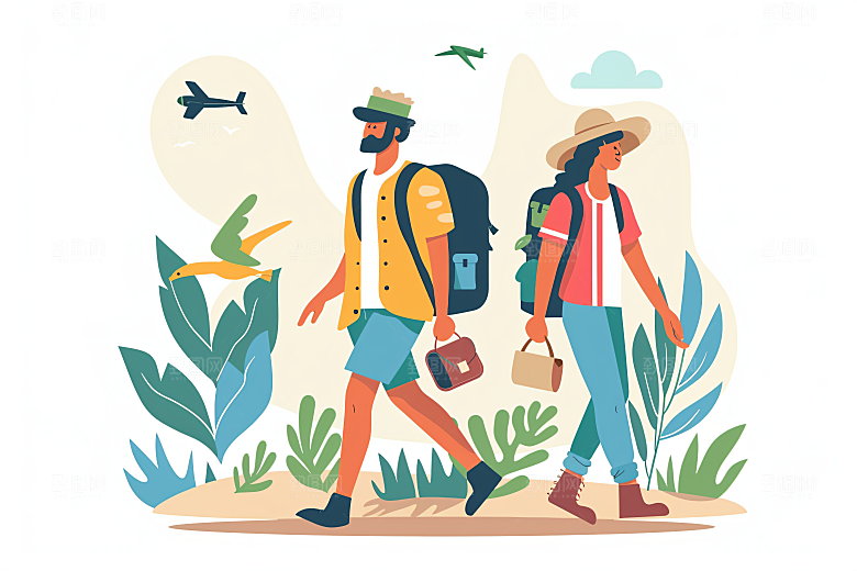 扁平风旅游手绘旅行插画