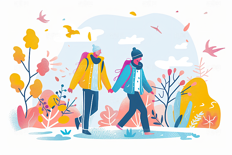 扁平风旅游手绘自由行插画