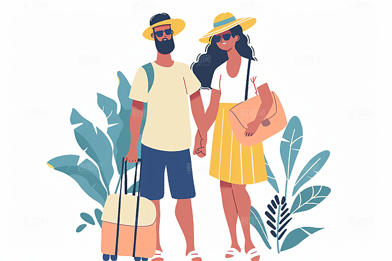 扁平风旅游手绘清新插画