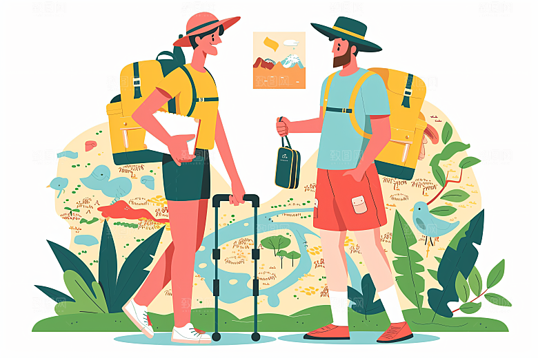 扁平风旅游休闲自由行插画