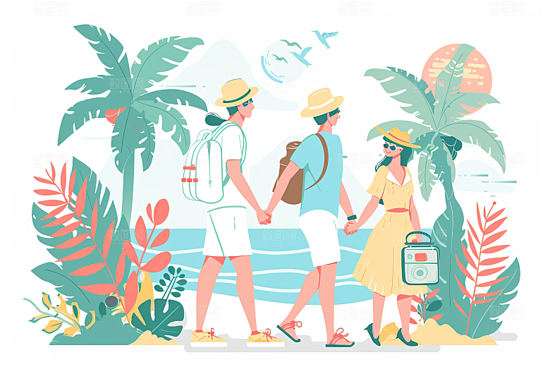 扁平风旅游自由行休闲插画