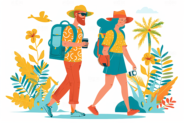 扁平风旅游踏青手绘插画