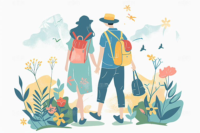 扁平风旅游彩色手绘插画