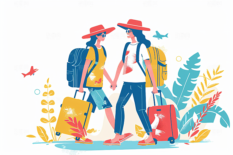 扁平风旅游自由行旅行插画