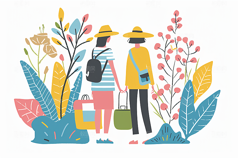 扁平风旅游手绘自由行插画