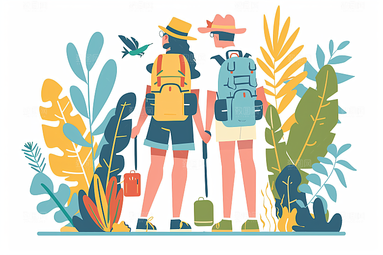 扁平风旅游简约徒步插画