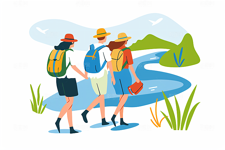 扁平风旅游户外踏青插画