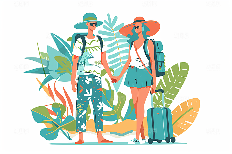 扁平风旅游自由行旅行插画