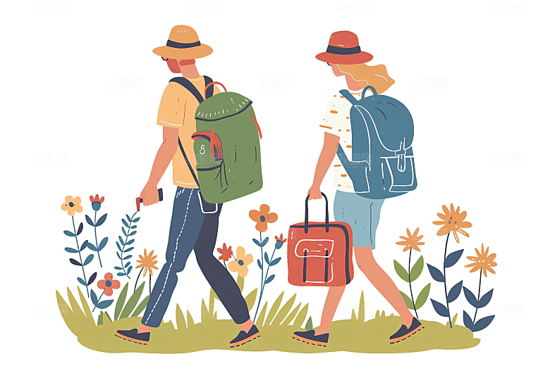扁平风旅游休闲徒步插画
