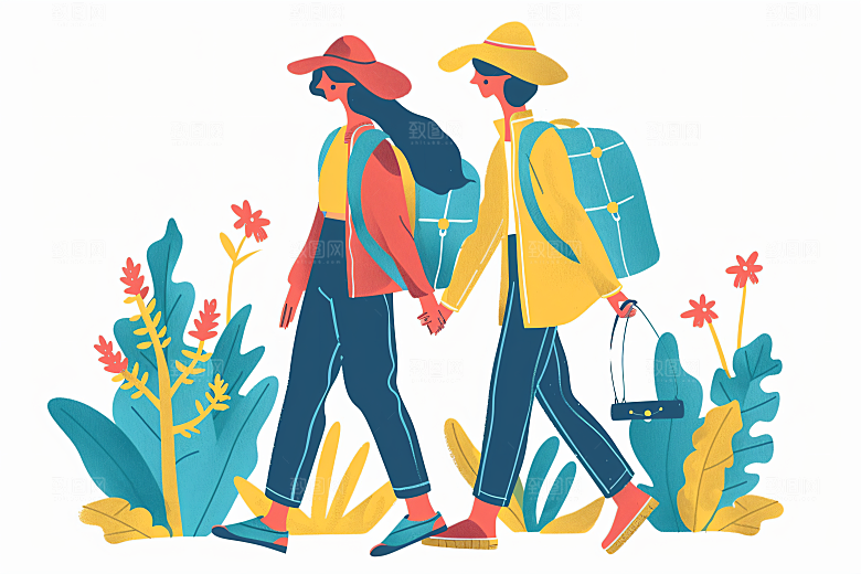 扁平风旅游自由行徒步插画
