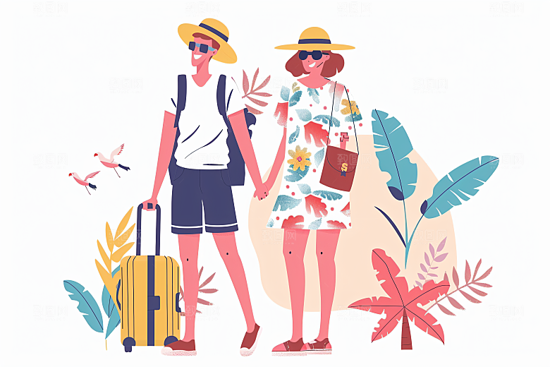 扁平风旅游自由行踏青插画