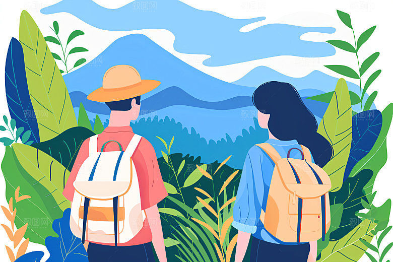 扁平风旅游自然露营插画