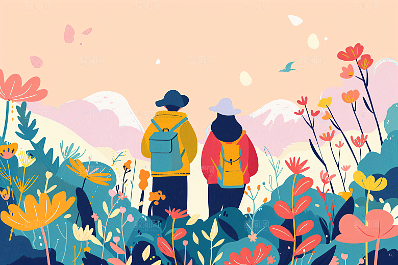 扁平风旅游彩色氛围感插画
