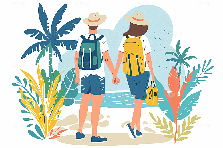 扁平风旅游踏青清新插画