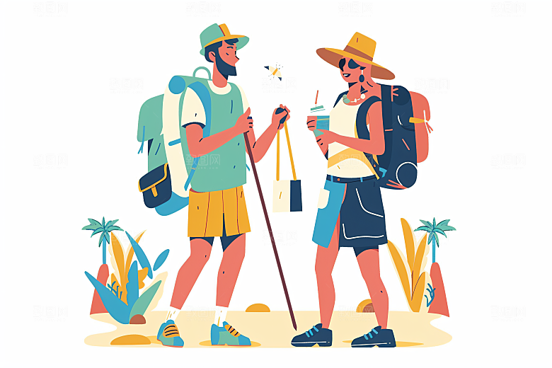 扁平风旅游清新徒步插画
