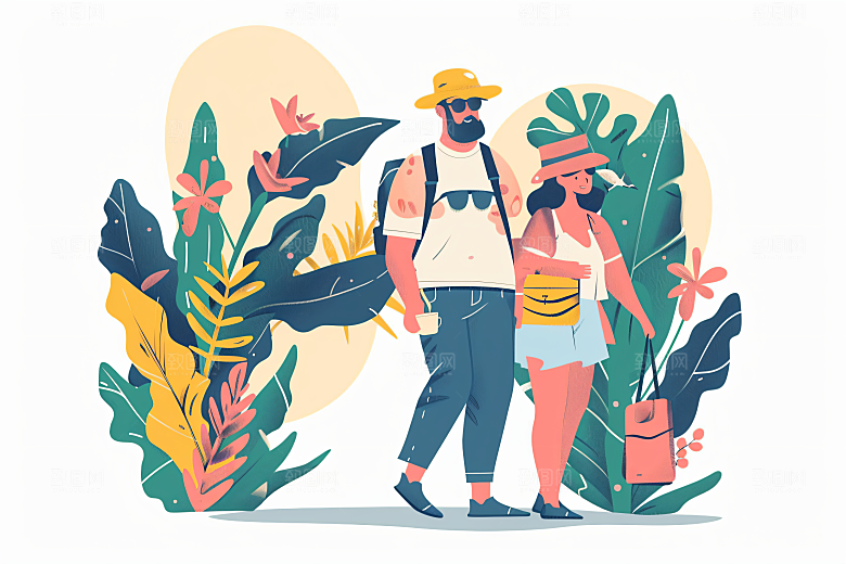 扁平风旅游清新旅行插画