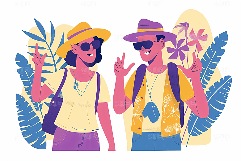 扁平风旅游自由行旅行插画
