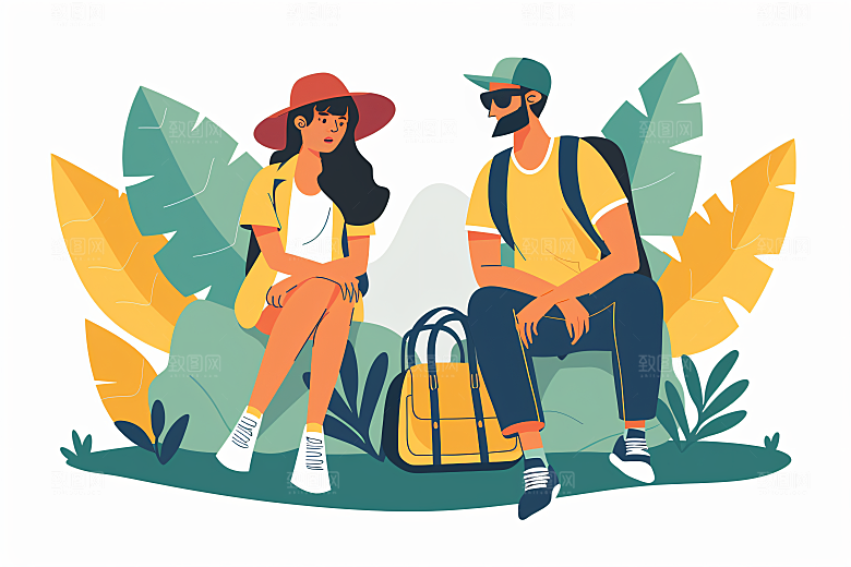 扁平风旅游徒步户外插画